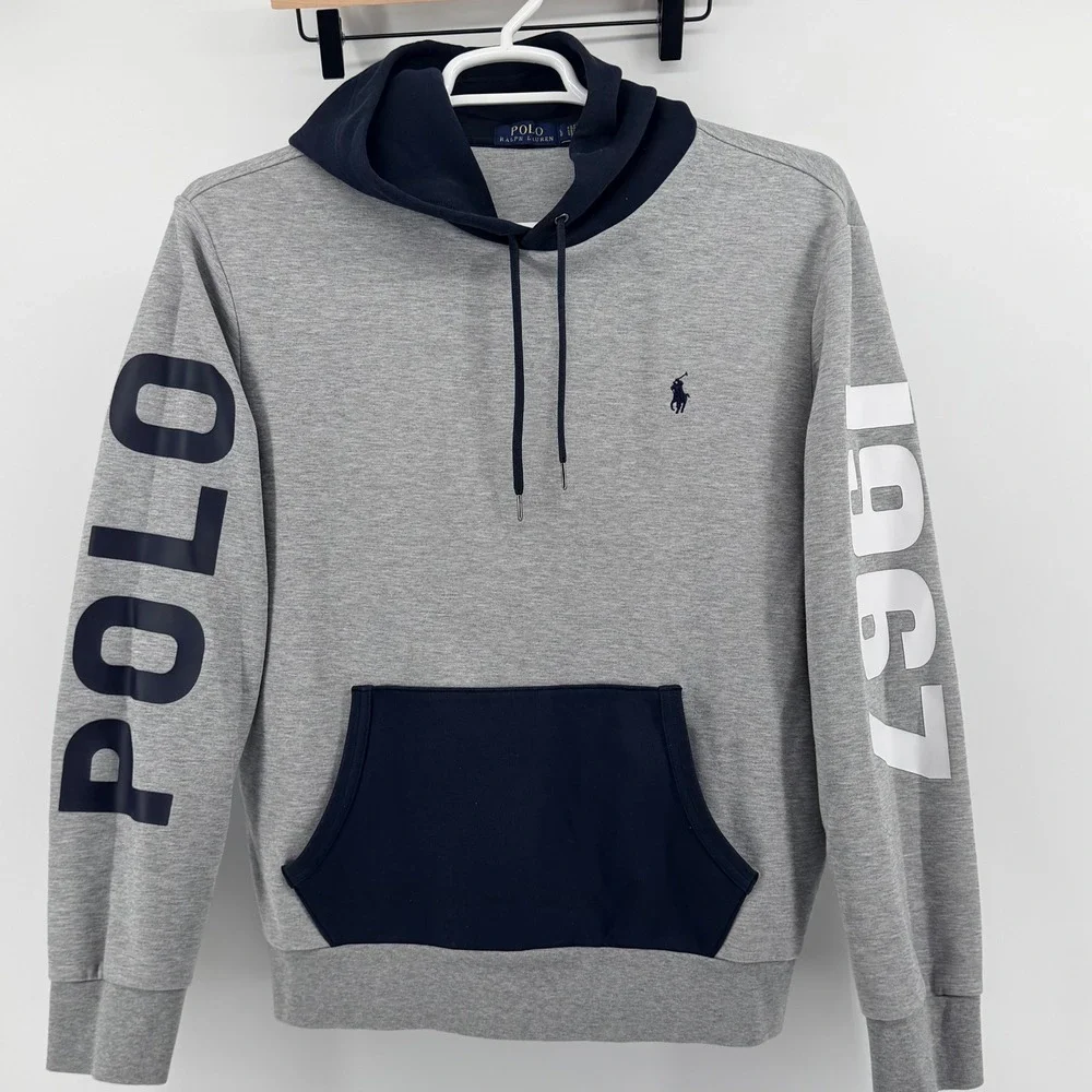 Polo Ralph Lauren Colorblock Hoodie Graphic Sleeve Pullover Gray Navy Large